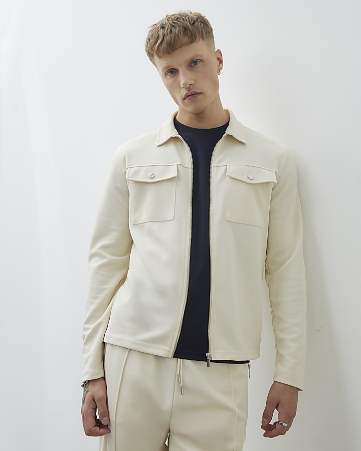 Ecru Slim Fit Double Pocket Overshirt