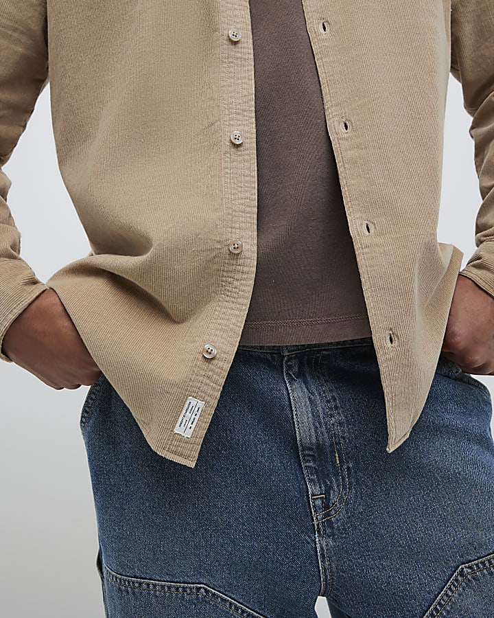 Beige Regular Fit Micro Corduroy  Shirt
