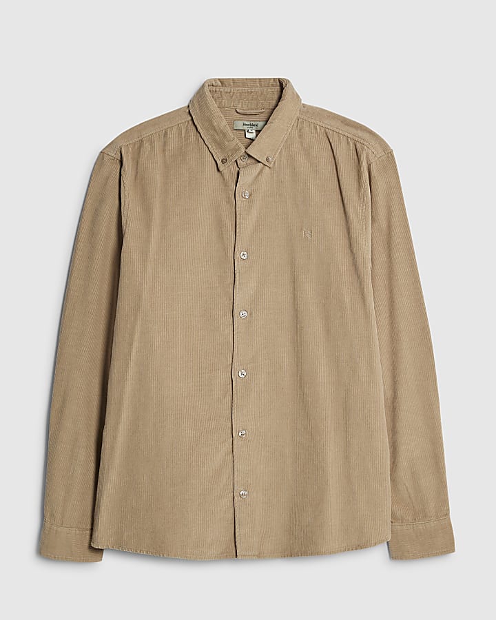 Beige Regular Fit Micro Corduroy  Shirt