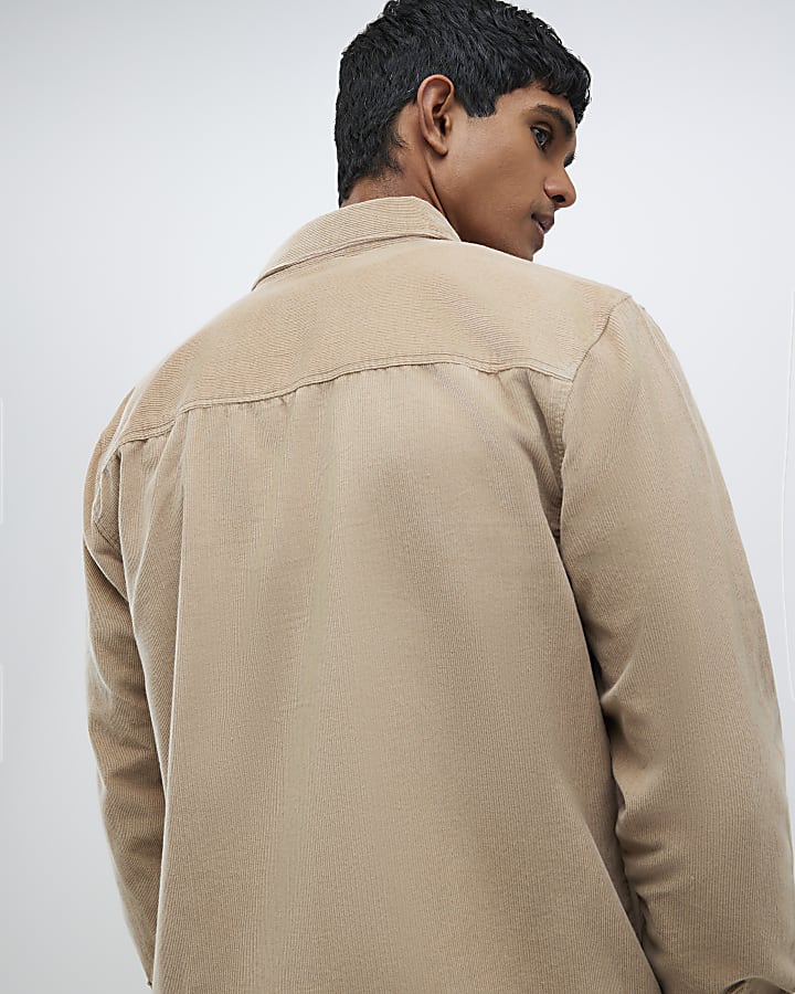 Beige Regular Fit Micro Corduroy  Shirt
