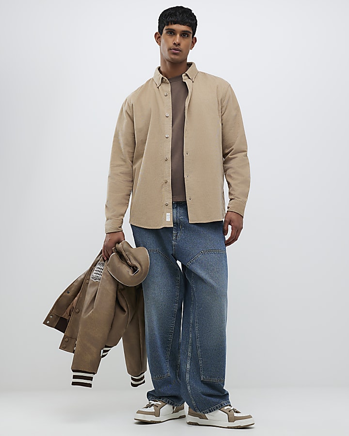 Beige Regular Fit Micro Corduroy  Shirt