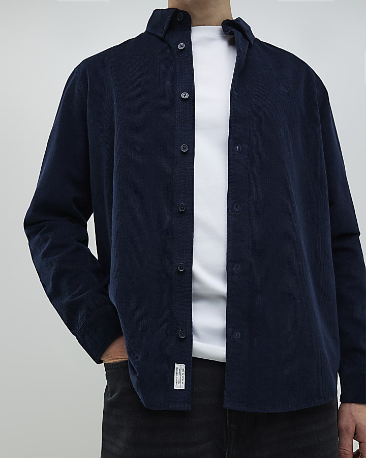 Navy Regular Fit Micro Corduroy Shirt
