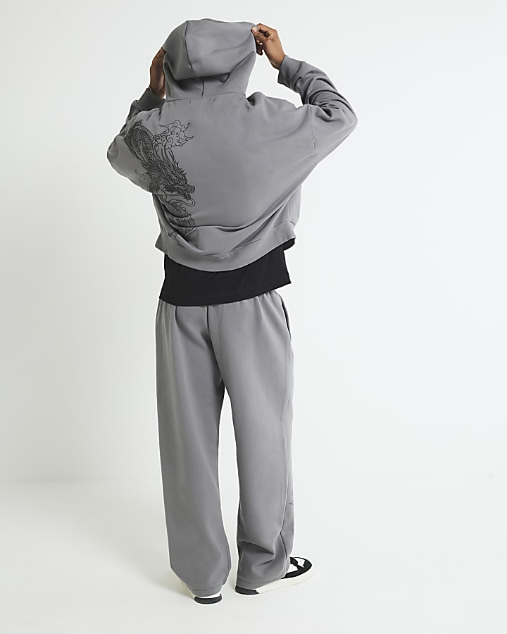 Grey Wide Leg Dragon Print Joggers