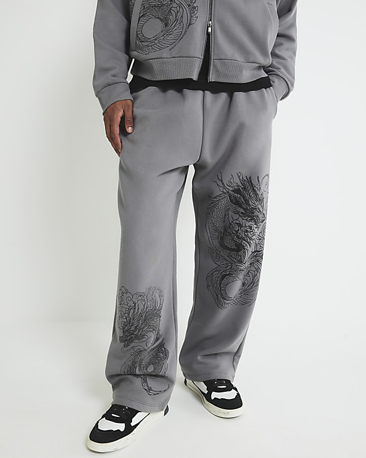 Grey Wide Leg Dragon Print Joggers