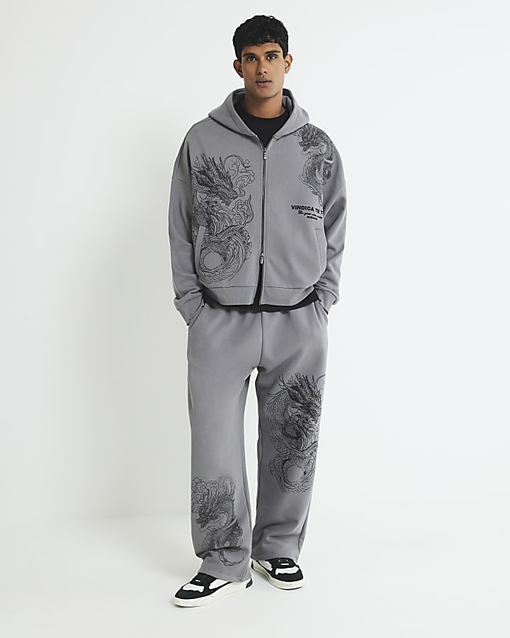 Grey Wide Leg Dragon Print Joggers