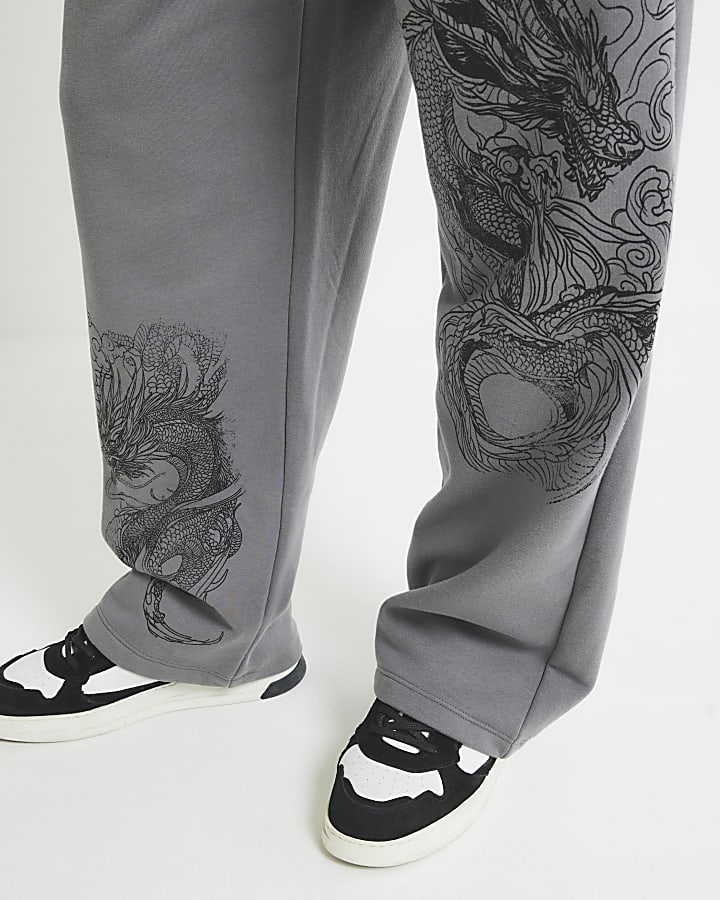 Grey Wide Leg Dragon Print Joggers