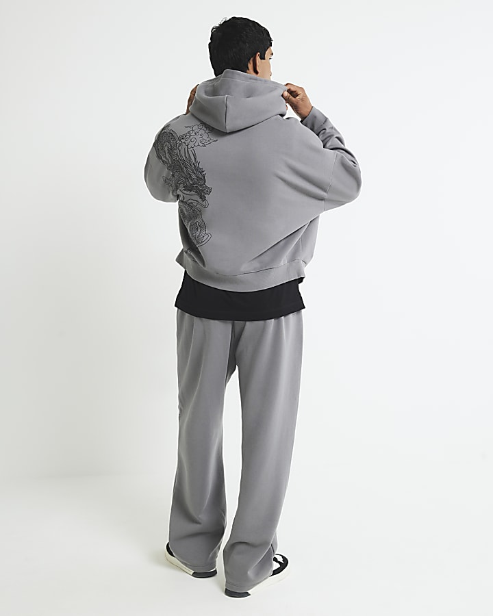 Grey Oversized Fit Zip Through Dragon Hoodie