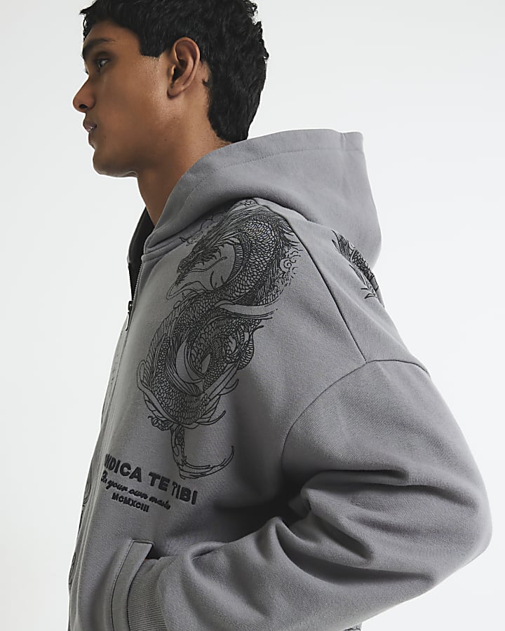 Grey Oversized Fit Zip Through Dragon Hoodie