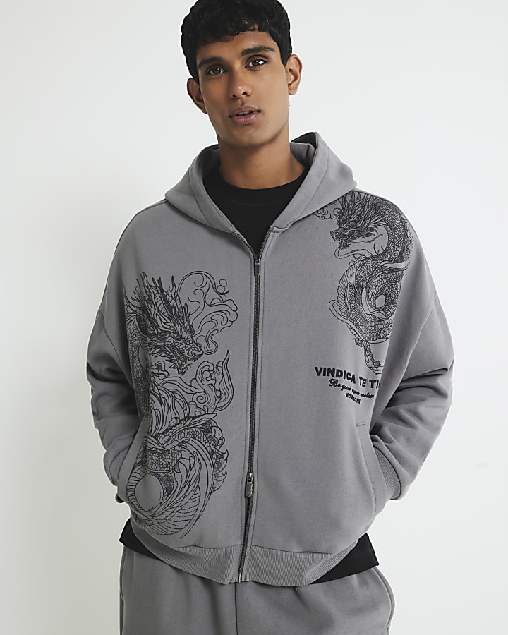 Grey Oversized Fit Zip Through Dragon Hoodie
