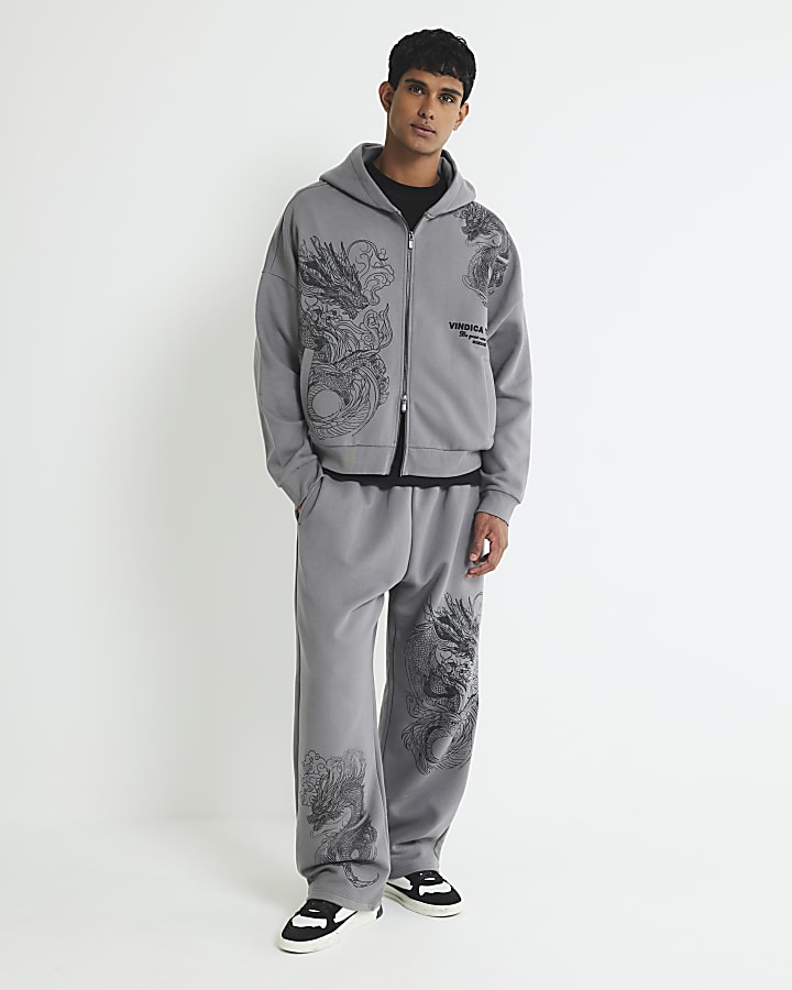 Grey Oversized Fit Zip Through Dragon Hoodie