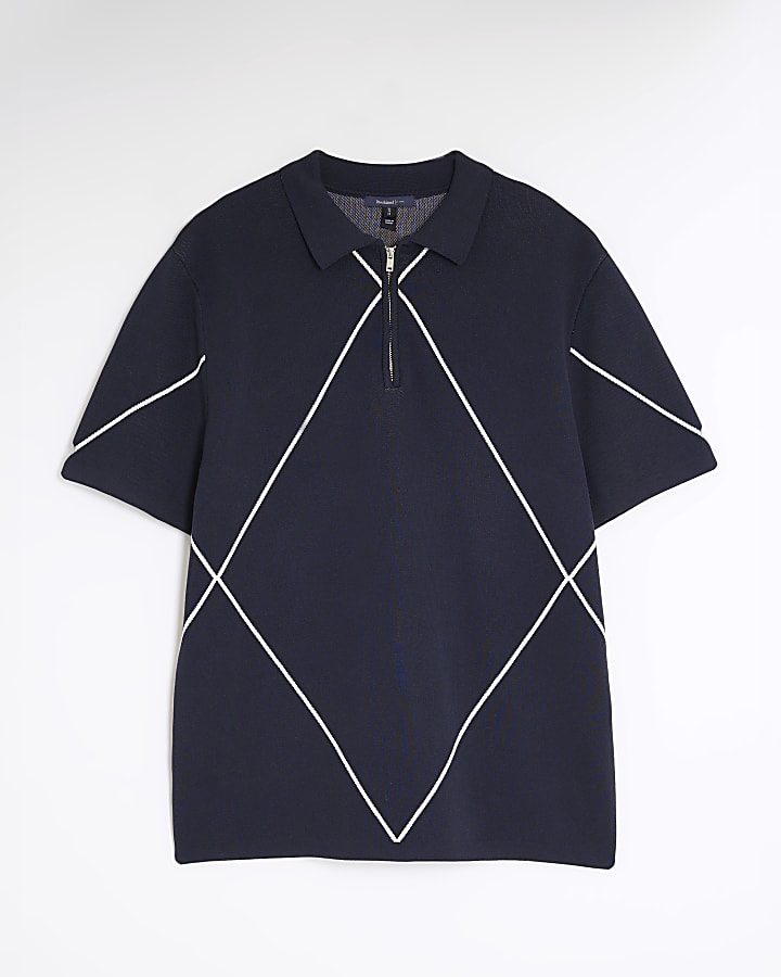 Navy Slim Fit Argyle Polo Shirt