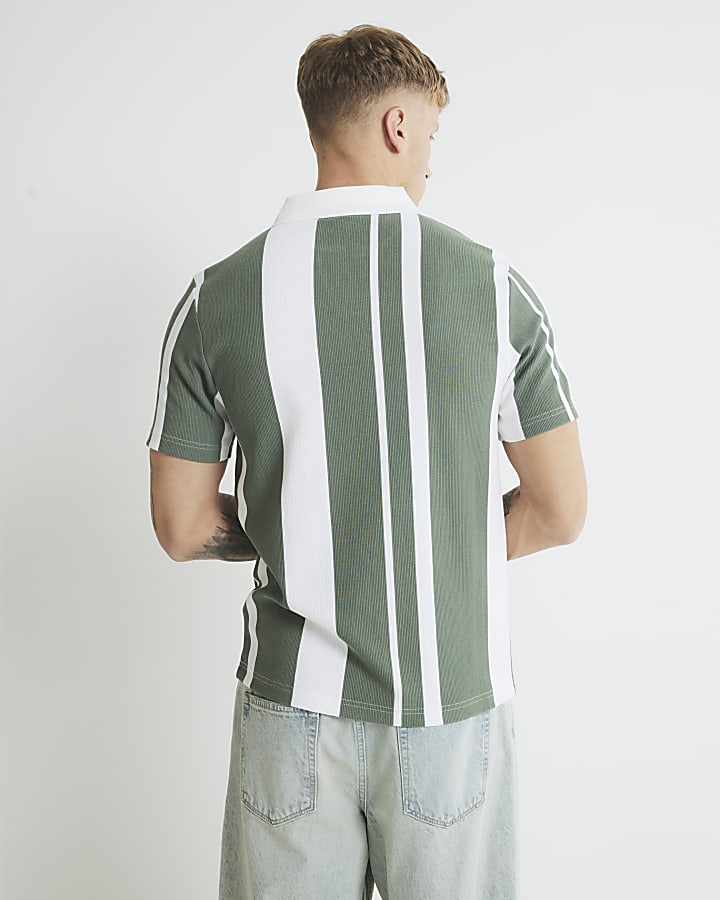 Khaki Slim Fit Open Neck Stripe Polo Shirt