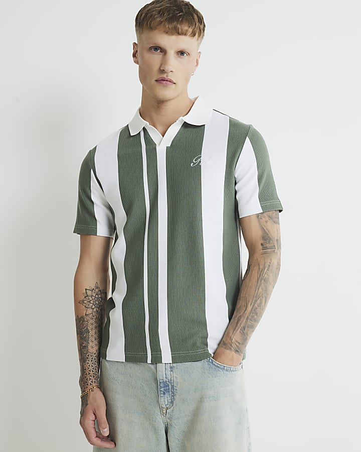 Khaki Slim Fit Open Neck Stripe Polo Shirt