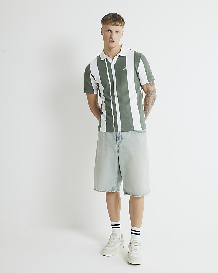 Khaki Slim Fit Open Neck Stripe Polo Shirt