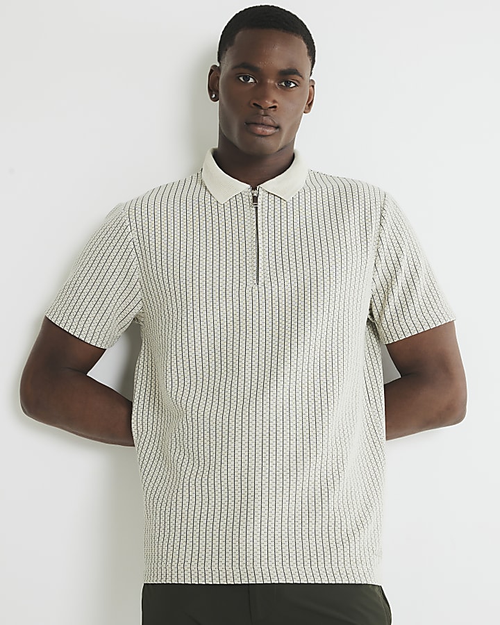 Grey Slim Fit Zip Striped Polo Shirt