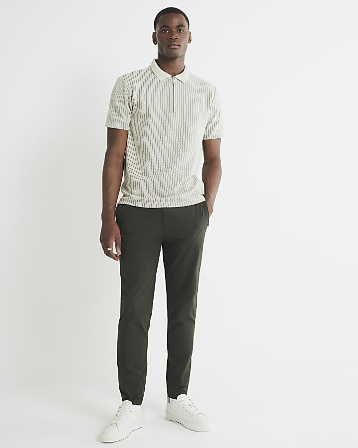 Grey Slim Fit Zip Striped Polo Shirt