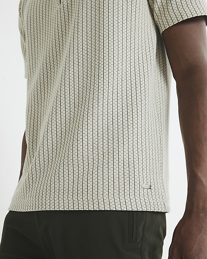 Grey Slim Fit Zip Striped Polo Shirt