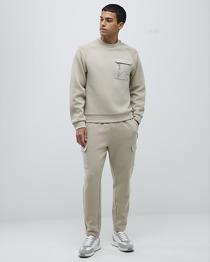 Beige Slim Fit Nylon Hybrid Joggers
