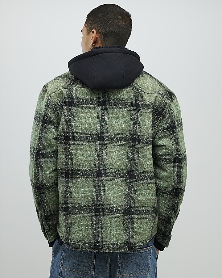 Green Regular Fit Borg Check Hooded Overshirt