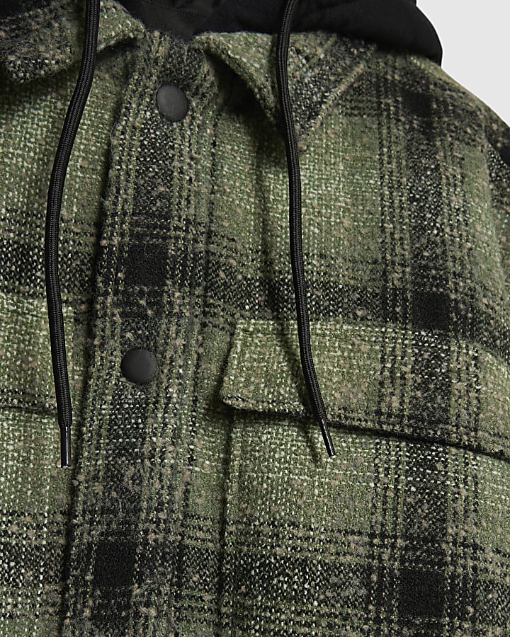 Green Regular Fit Borg Check Hooded Overshirt