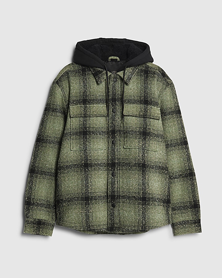 Green Regular Fit Borg Check Hooded Overshirt
