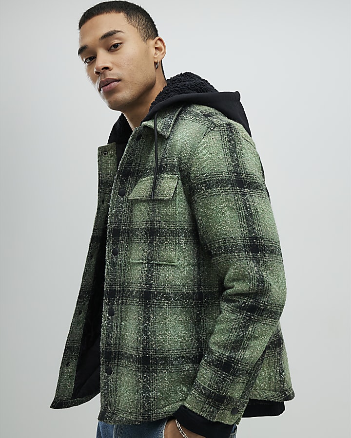 Green Regular Fit Borg Check Hooded Overshirt