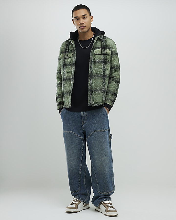 Green Regular Fit Borg Check Hooded Overshirt