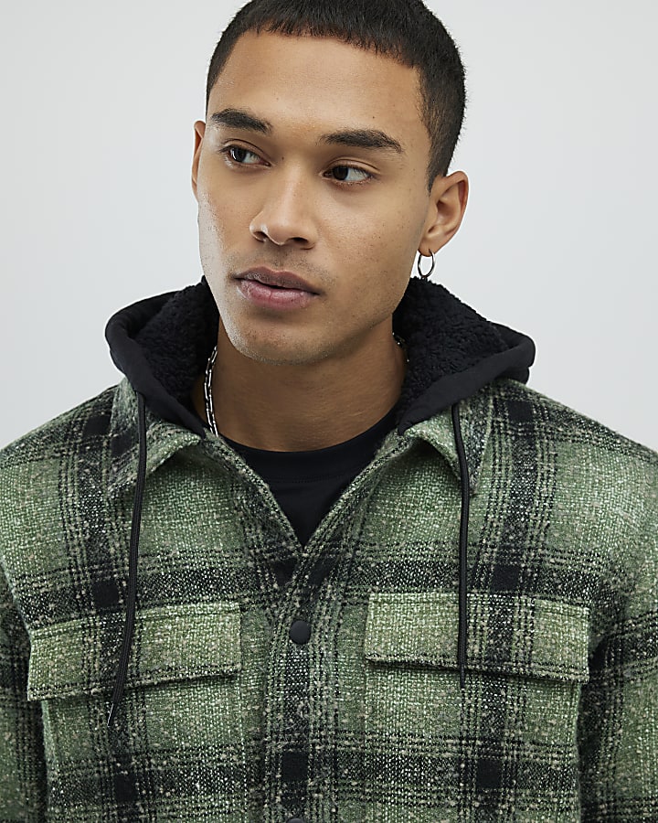 Green Regular Fit Borg Check Hooded Overshirt