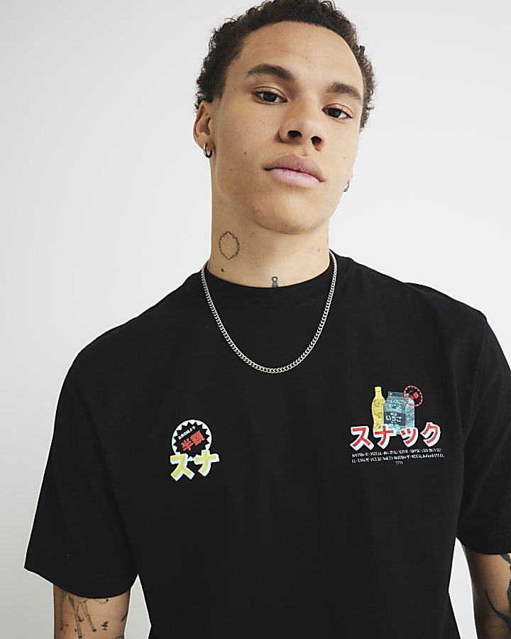 Black Regular Fit Japanese Food T-Shirt