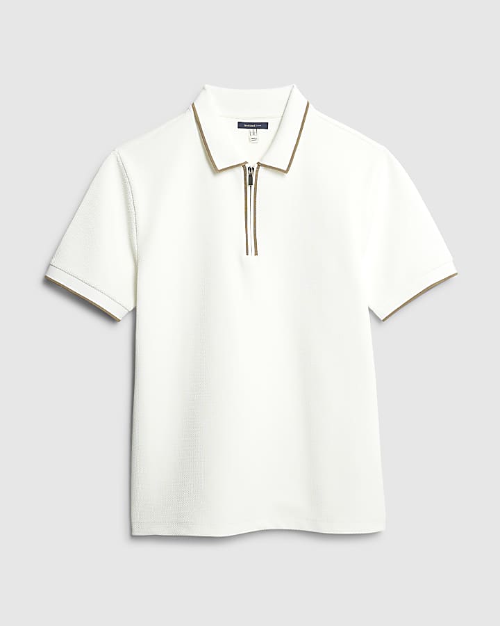 White Slim Fit Textured Zip Neck Polo Shirt