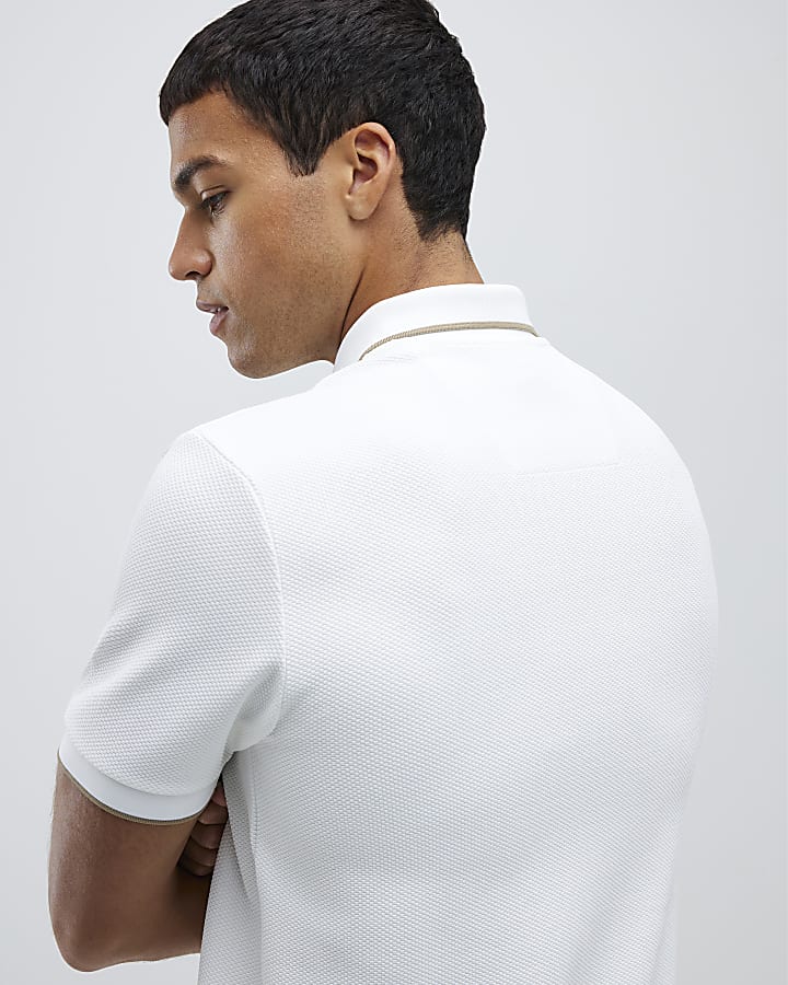 White Slim Fit Textured Zip Neck Polo Shirt