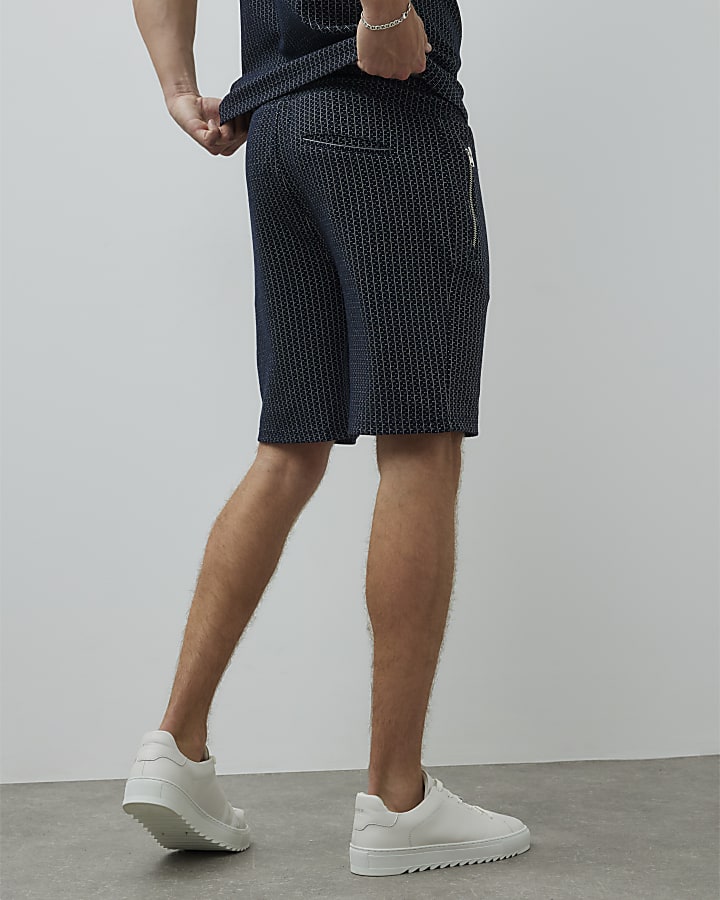 Navy Slim Fit Stitched Stripe Shorts