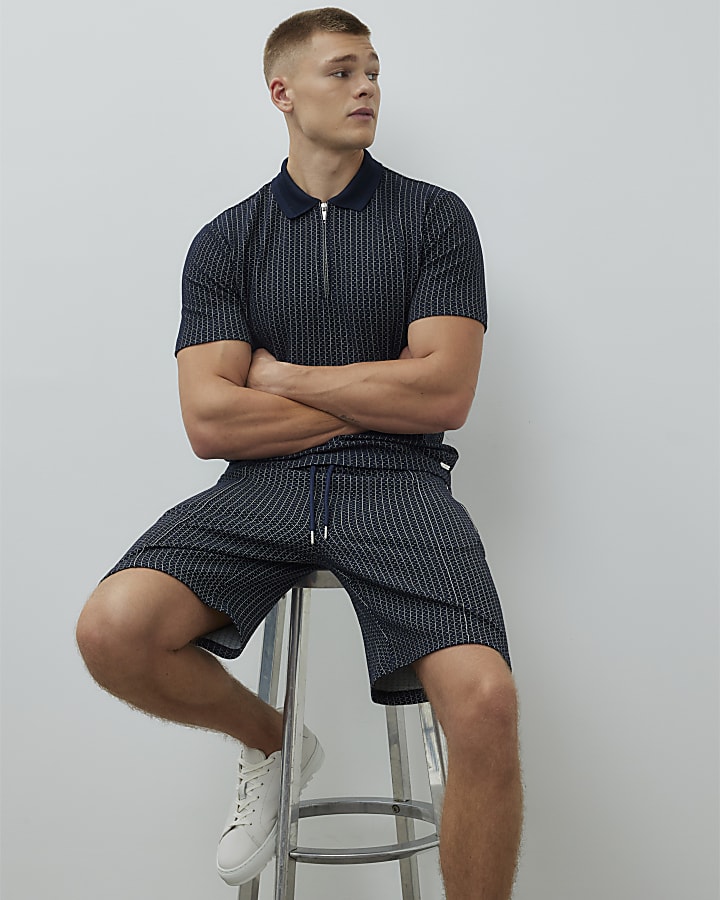 Navy Slim Fit Stitched Stripe Shorts