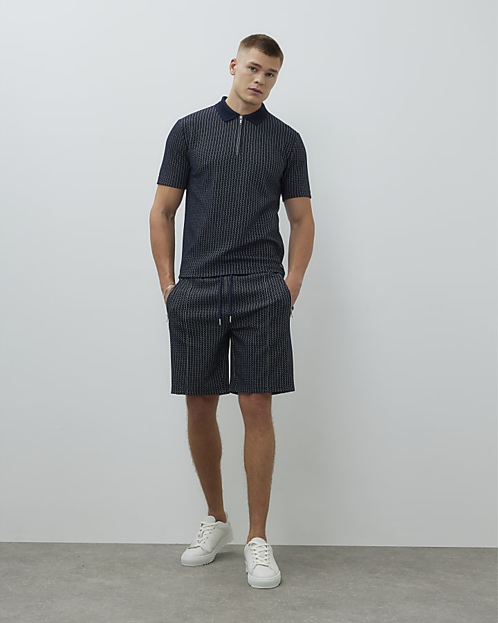 Navy Slim Fit Stitched Stripe Shorts