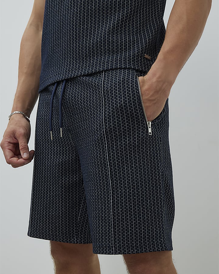 Navy Slim Fit Stitched Stripe Shorts
