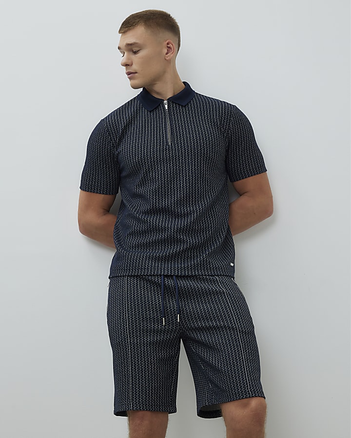 Navy Slim Fit Stitched Stripe Polo Shirt