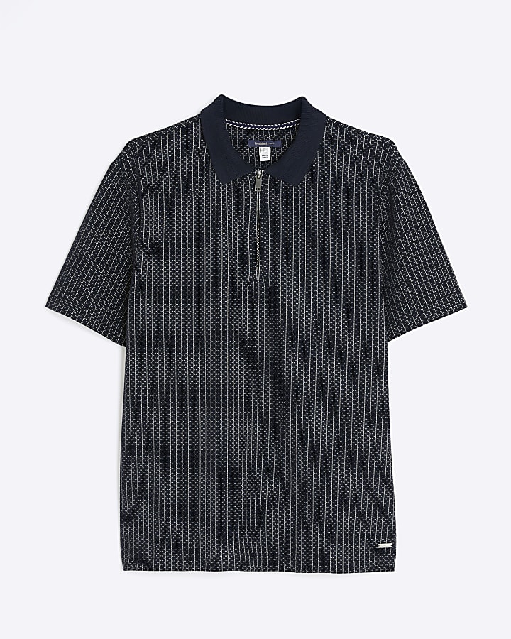 Navy Slim Fit Stitched Stripe Polo Shirt