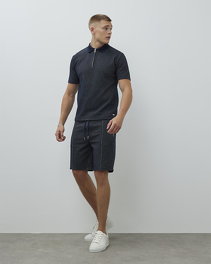 Navy Slim Fit Stitched Stripe Polo Shirt