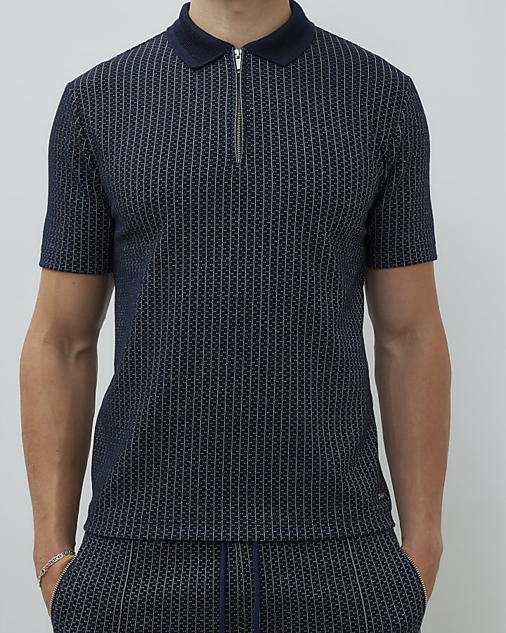 Navy Slim Fit Stitched Stripe Polo Shirt