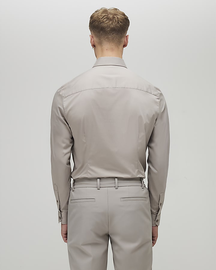 Beige Muscle Fit Long Sleeve Shirt