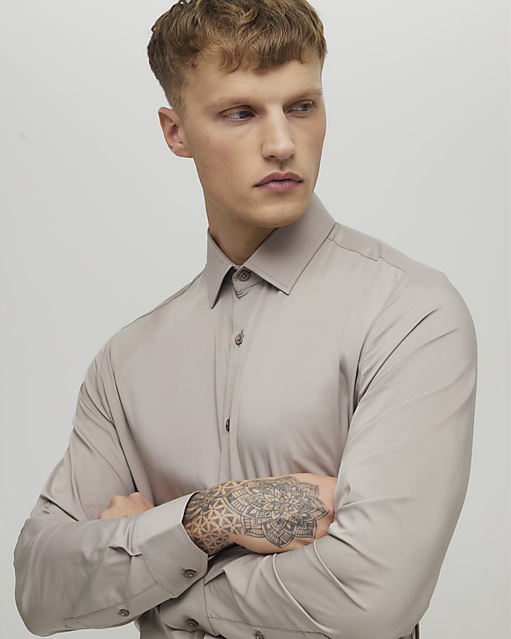 Beige Muscle Fit Long Sleeve Shirt
