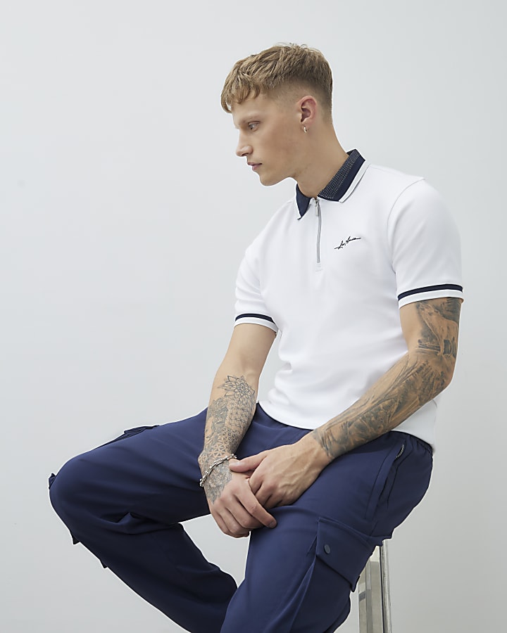 White Slim Fit Jacquard Collar Polo Shirt