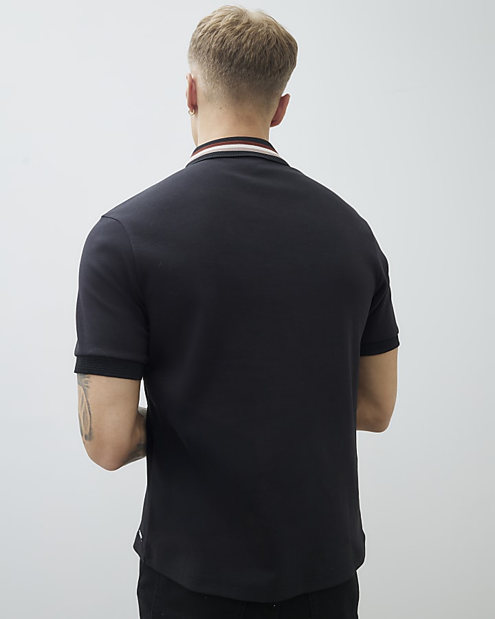 Black Slim Fit Striped Collar Polo Shirt
