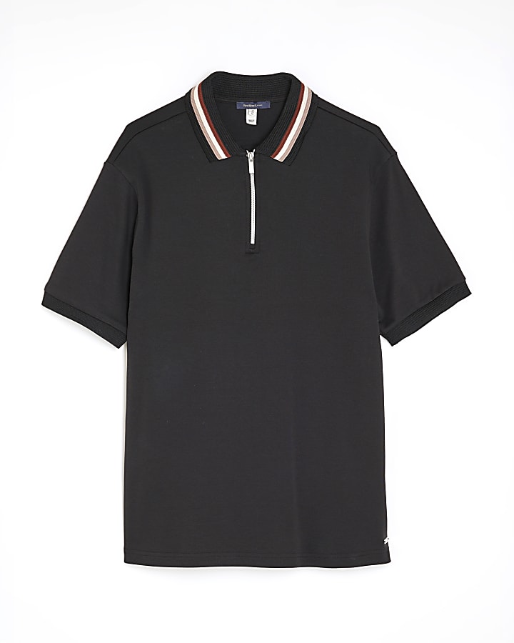 Black Slim Fit Striped Collar Polo Shirt