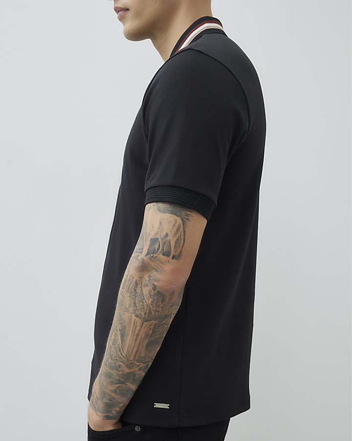 Black Slim Fit Striped Collar Polo Shirt
