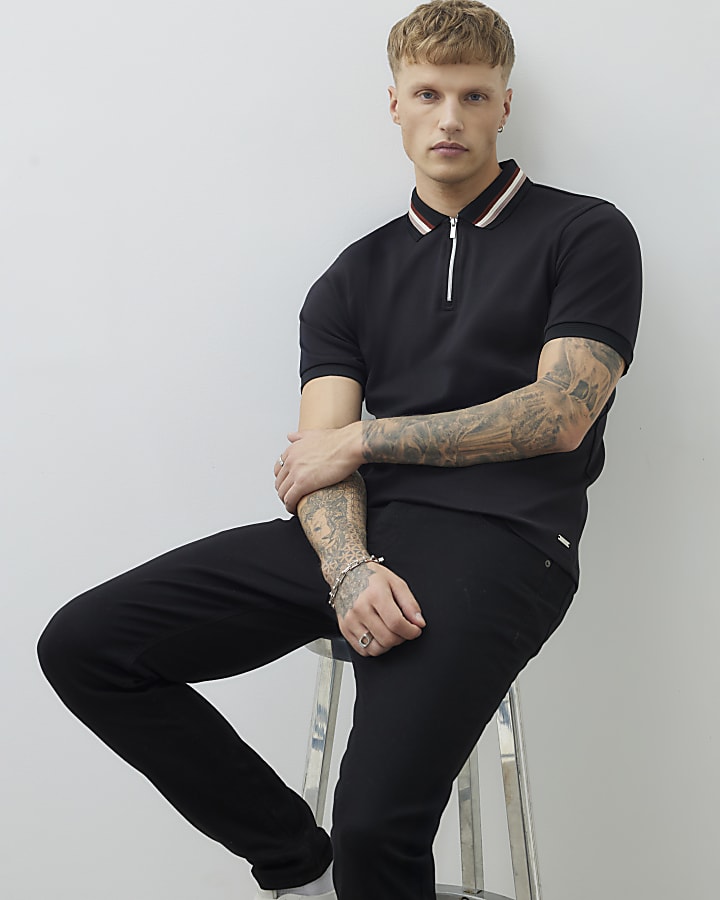 Black Slim Fit Striped Collar Polo Shirt