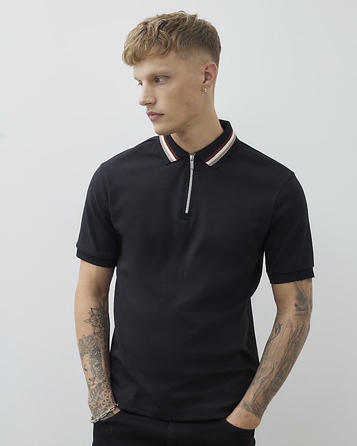 Black Slim Fit Striped Collar Polo Shirt