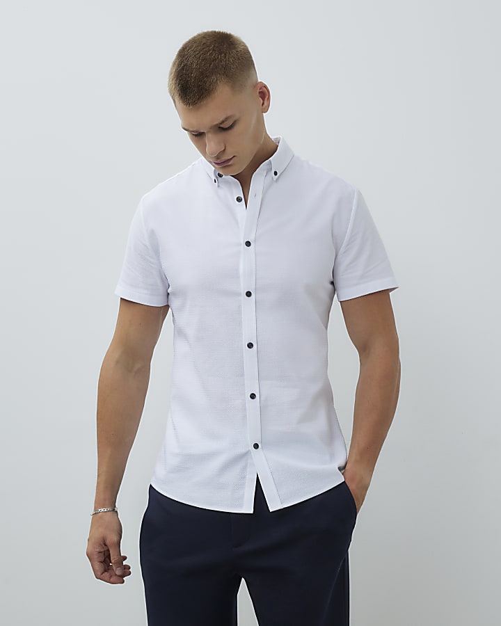 White Muscle Fit Textured Pack Of 3 Shirts