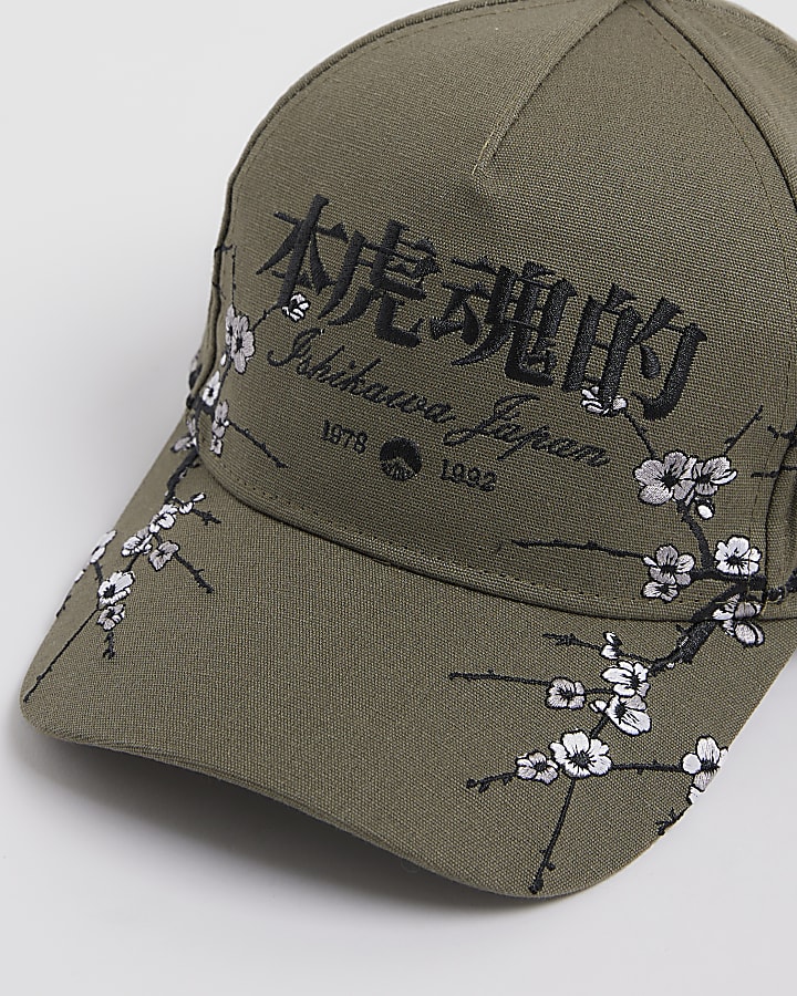Khaki Embroidered Floral Japanese Cap