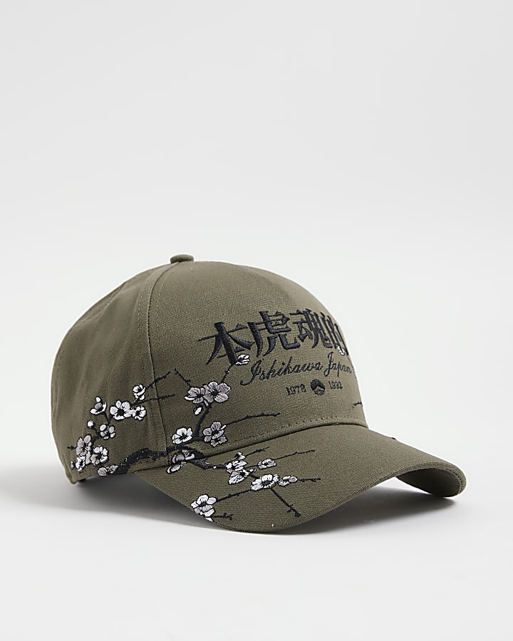 Khaki Embroidered Floral Japanese Cap